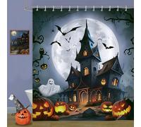 Bonhause Halloween Shower Curtain Spooky Castle Moon Pumpkin Ghost Bat Bathroom Curtain 180 x 180 cm Waterproof Mildew & Mould Resistant Polyester Fabric Bath Curtain with 12 Hooks
