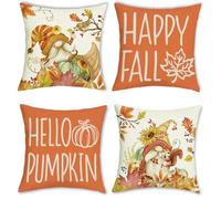 Bonhause Happy Fall Cushion Covers 45 x 45 cm Gnomes Pumpkins Autumn Leaves Squirrel Orange Decorative Throw Pillow Covers for Sofa Bed Home Garden Outdoor Decor Set of 4
