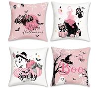 Bonhause Happy Halloween Cushion Covers 45 x 45 cm Pumpkin Ghost Bat Cat Spooky Decorative Pillow Covers Pink Pillowcases for Sofa Bed Home Garden Patio Decor Set of 4
