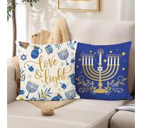 Bonhause Happy Hanukkah Cushion Covers 45 x 45 cm Love & Light Blue Jewish Christmas Decorative Throw Pillow Covers Polyester Linen Pillowcases for Sofa Bed Patio Home Decor Set of 2