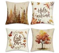 Bonhause Hello Autumn Cushion Covers 45 x 45 cm Fall Trees Leaves Wreath Decorative Pillow Covers Polyester Linen Pillowcases for Sofa Bed Home Garden Outdoor Decor Set of 4
