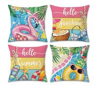 Bonhause Hello Summer Cushion Covers 45 x 45 cm Swimming Pool Flamingo Beach Pineapple Decorative Throw Pillow Covers Pillowcases for Sofa Couch Outdoor Decor Set of 4