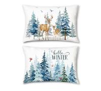 Bonhause Hello Winter Cushion Covers 30 x 50 cm Pine Trees Forest Reindeer Decorative Throw Pillow Covers Velvet Pillowcases for Sofa Bed Home Patio Winter Holiday Decor Set of 2