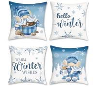 Bonhause Hello Winter Cushion Covers 45 x 45 cm Blue Gnomes Snowflakes Pine Trees Hot Cocoa Decorative Throw Pillow Covers for Sofa Couch Bed Home Holiday Decor Set of 4