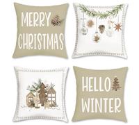 Bonhause Hello Winter Cushion Covers 45 x 45 cm Christmas Trees Balls Pine Leaves Cones Decorative Throw Pillow Covers for Sofa Couch Bed Home Xmas Holiday Decor Set of 4