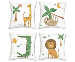 Bonhause Jungle Animals Cushion Covers 45 x 45 cm Giraffe Lion Crocodile Sloth Decorative Throw Pillow Covers Soft Velvet Pillowcases for Kids Bed Baby Nursery Room Decor Set of 4