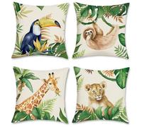 Bonhause Jungle Animals Cushion Covers 45 x 45 cm Tropical Lion Giraffe Sloth Toucan Decorative Throw Pillow Covers Summer Pillowcases for Sofa Outdoor Decor Set of 4