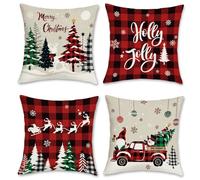 Bonhause Merry Christmas Cushion Covers 45 x 45 cm Holly Jolly Xmas Trees Truck Buffalo Plaid Decorative Throw Pillow Covers for Sofa Bed Home Winter Holiday Decor Set of 4