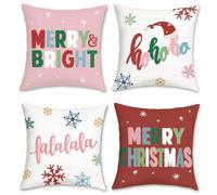 Bonhause Merry Christmas Cushion Covers 45 x 45 cm Merry & Bright Snowflakes Pink Red Decorative Throw Pillow Covers for Sofa Bed Home Winter Holiday Decor Set of 4