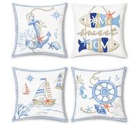 Bonhause Nautical Coastal Cushion Covers 45 x 45 cm Anchor Helm Boat Starfish Coral Maritime Decorative Throw Pillow Covers for Sofa Couch Bed Home Patio Summer Decor Set of 4