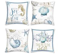 Bonhause Nautical Coastal Cushion Covers 45 x 45 cm Conch Ocean Themed Beach Seashell Coral Starfish Throw Pillow Covers Soft Velvet Pillowcases for Sofa Patio Outdoor Decor Set of 4