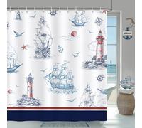 Bonhause Nautical Coastal Shower Curtain, Sailboat Lighthouse Anchor Blue Bathroom Curtain 180 x 180 cm Waterproof Mildew and Mould Resistant Polyester Fabric Bath Curtain with 12 Hooks