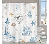 Bonhause Nautical Coastal Shower Curtain, Vintage Lighthouse Sailboat Anchor Bathroom Curtain 180 x 180 cm Waterproof Mildew and Mould Resistant Polyester Fabric Bath Curtain with 12 Hooks