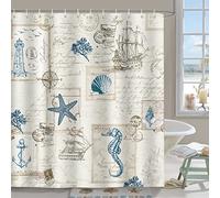 Bonhause Nautical Coastal Shower Curtain Vintage Sailboat Lighthouse Anchor Bathroom Curtain 180 x 180 cm Waterproof Mildew & Mould Resistant Polyester Fabric Bath Curtain with 12 Hooks