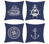 Bonhause Nautical Maritime Cushion Covers 40 x 40 cm Both Sides Anchor Compass Decorative Throw Pillow Covers Polyester Linen Blue Pillowcases for Sofa Bed Home Outdoor Decor Set of 4