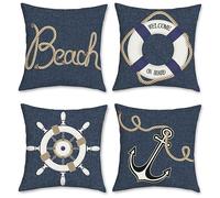 Bonhause Nautical Maritime Cushion Covers 45 x 45 cm Double Sided Anchor Denim Texture Decorative Throw Pillow Covers Polyester Linen Navy Blue Pillowcases for Sofa Home Outdoor Decor Set of 4