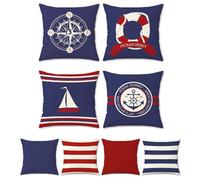 Bonhause Nautical Maritime Cushion Covers 45 x 45 cm Double Sided Compass Sailboat Anchor Decorative Throw Pillow Covers for Sofa Bed Indoor Outdoor Decor Set of 4