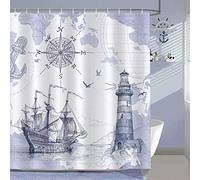 Bonhause Nautical Shower Curtain 180 x 180 cm Lighthouse Compass Anchor Blue Bathroom Curtain Waterproof Mildew & Mould Resistant Polyester Fabric Bath Curtain with 12 Hooks