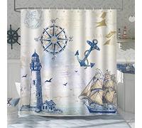 Bonhause Nautical Shower Curtain Lighthouse Sailboat Compass Anchor 180 x 200 cm Polyester Fabric Anti-Mould Waterproof Washable Bathroom Curtain with 12 Hooks for Bath