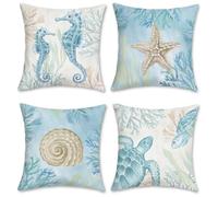 Bonhause Ocean Beach Cushion Covers 45 x 45 cm Seahorse Turtle Starfish Coastal Outdoor Decorative Throw Pillow Covers Soft Velvet Pillowcases for Sofa Patio Home Decor Set of 4