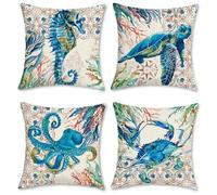Bonhause Ocean Sea Turtle Cushion Covers 45cm x 45cm Set of 4 Seahorse Octopus Crab Coral Decorative Throw Pillow Covers Polyester Linen Pillowcases for Sofa Couch Outdoor Home Décor