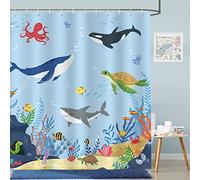 Bonhause Ocean Shower Curtain for Kids Under The Sea Dolphin Fish Blue Bathroom Curtain 180 x 180 cm Waterproof Mildew & Mould Resistant Polyester Fabric Bath Curtain with 12 Hooks