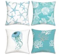 Bonhause Ocean Starfish Cushion Covers 45 x 45 cm Seashell Coral Double Sided Coastal Blue Throw Pillow Covers Soft Velvet Pillowcases for Sofa Couch Bed Indoor Outdoor Decor Set of 4