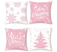 Bonhause Pink Christmas Cushion Covers 45 x 45 cm Xmas Tree Snowflakes Winter Decorative Throw Pillow Covers Velvet Pillowcases for Sofa Bed Home Holiday Decor Set of 4