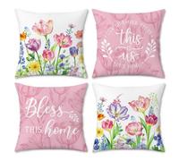Bonhause Pink Floral Cushion Covers 45 x 45 cm Tulip Flower Spring Decorative Throw Pillow Covers Soft Velvet Pillowcases for Sofa Couch Bed Home Spring Decor Set of 4