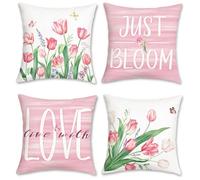 Bonhause Pink Floral Cushion Covers 45 x 45 cm Tulips Butterflies Soft Velvet Decorative Throw Pillow Covers for Sofa Couch Bed Home Garden Patio Decor Set of 4