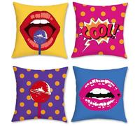 Bonhause Pop Art Cushion Covers 45 x 45 cm Lips Polka Dots Modern Funky Decorative Throw Pillow Covers Soft Velvet Pillowcases for Sofa Bed Home Decor Set of 4