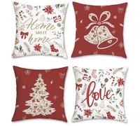 Bonhause Red Christmas Cushion Covers 45 x 45 cm Xmas Tree Bell Leaf Floral Decorative Throw Pillow Covers for Sofa Couch Bed Home Winter Holiday Decor Set of 4