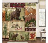 Bonhause Rustic Cabin Bear Shower Curtain 180 x 180 cm Autumn Forest Wild Animals Moose Bathroom Curtain Waterproof Mildew & Mould Resistant Polyester Fabric Bath Curtain with 12 Hooks