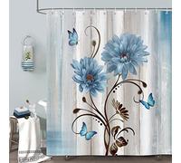 Bonhause Rustic Daisy Floral Shower Curtain Blue Flower Butterfly Bathroom Curtain 180 x 180 cm Waterproof Mildew & Mould Resistant Polyester Fabric Bath Curtain with 12 Hooks