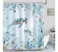 Bonhause Sea Turtle Shower Curtain Teal Blue Ocean Beach Coastal Bathroom Curtain 180 x 180 cm Waterproof Mildew & Mould Resistant Polyester Fabric Bath Curtain with 12 Hooks