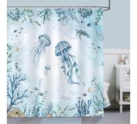 Bonhause Shower Curtain Jellyfish Blue Ocean Sea Turtle Beach Coast Shower Curtains 180 x 180 cm Anti-Mould Waterproof Polyester Fabric Washable Bathroom Curtain for Bathroom with 12 Hooks