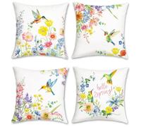 Bonhause Spring Floral Cushion Covers 45 x 45 cm Colorful Flowers Hummingbirds Decorative Throw Pillow Covers for Sofa Couch Bed Home Garden Patio Decor Set of 4