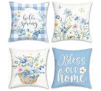 Bonhause Spring Floral Cushion Covers 45 x 45 cm Flowers Butterflies Bless Our Home Blue Decorative Throw Pillow Covers for Sofa Couch Bed Home Garden Patio Decor Set of 4
