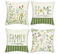 Bonhause Spring Floral Cushion Covers 45 x 45 cm Flowers Leaves Green Stripes Decorative Throw Pillow Covers for Sofa Bed Home Garden Patio Garden Outdoor Decor Set of 4