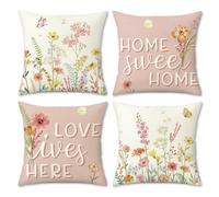 Bonhause Spring Floral Cushion Covers 45 x 45 cm Pink Wildflower Decorative Throw Pillow Covers Polyester Linen Pillowcases for Sofa Couch Bed Outdoor Home Spring Decor Set of 4