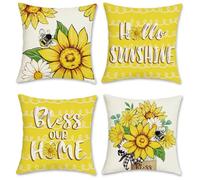 Bonhause Spring Floral Cushion Covers 45 x 45 cm Yellow Flower Sunflower Bee Decorative Throw Pillow Covers for Sofa Couch Bed Home Garden Patio Outdoor Decor Set of 4