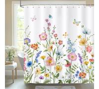 Bonhause Spring Floral Shower Curtain, Colorful Wildflower Butterfly Bathroom Curtain 180 x 180 cm Waterproof Mildew and Mould Resistant Polyester Fabric Bath Curtain with 12 Hooks