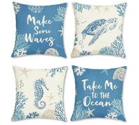 Bonhause Summer Coastal Cushion Covers 45 x 45 cm Sea Turtle Seahorse Blue Ocean Polyester Linen Decorative Throw Pillow Covers for Sofa Couch Bed Home Outdoor Decor Set of 4