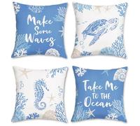 Bonhause Summer Coastal Cushion Covers 45 x 45 cm Sea Turtle Seahorse Blue Ocean Soft Velvet Decorative Throw Pillow Covers for Sofa Couch Bed Home Patio Seaside Decor Set of 4