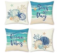 Bonhause Summer Coastal Cushion Covers 45 x 45 cm Seashell Coral Starfish Beach Polyester Linen Decorative Throw Pillow Covers for Sofa Couch Bed Home Outdoor Decor Set of 4