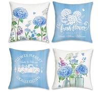 Bonhause Summer Floral Cushion Covers 45 x 45 cm Blue Purple Flower Hydrangea Decorative Throw Pillow Covers for Sofa Couch Bed Home Garden Patio Decor Set of 4