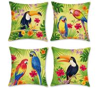 Bonhause Tropical Birds Cushion Covers 45 x 45 cm Toucan Parrot Decorative Throw Pillow Covers Polyester Linen Pillowcases for Sofa Bed Home Patio Outdoor Decor Set of 4