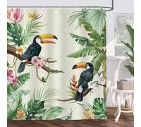 Bonhause Tropical Birds Leaves Shower Curtain Toucan Green Jungle Palm Leaf Bathroom Curtain 180 x 180 cm Waterproof Mildew & Mould Resistant Polyester Fabric Bath Curtain with 12 Hooks