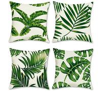 Bonhause Tropical Leaves Cushion Covers 50 x 50 cm Palm Leaf Plant Decorative Throw Pillow Covers Polyester Linen Green Pillowcases for Sofa Couch Bed Home Garden Outdoor Decor Set of 4, BHP0045-S2