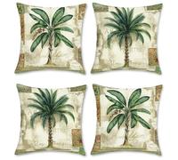 Bonhause Tropical Palm Tree Cushion Covers 45 x 45 cm Green Leaves Vintage Decorative Throw Pillow Covers Polyester Linen Pillowcases for Sofa Patio Outdoor Home Decor Set of 4